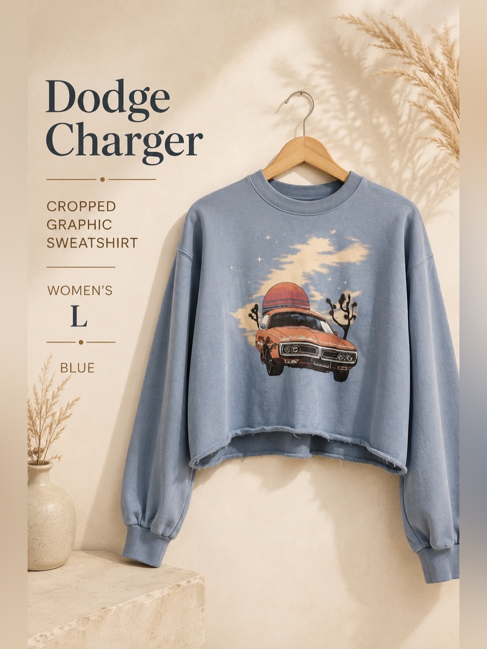 Dodge Charger Cropped Graphic Sweatshirt Blue Size L